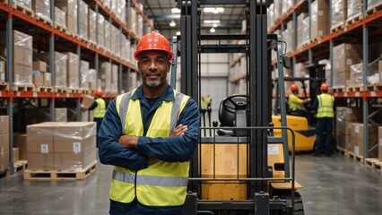Confident African American warehouse worker in a hard hat standing by a forklift. Male employee in a safety vest posing in a large distribution center