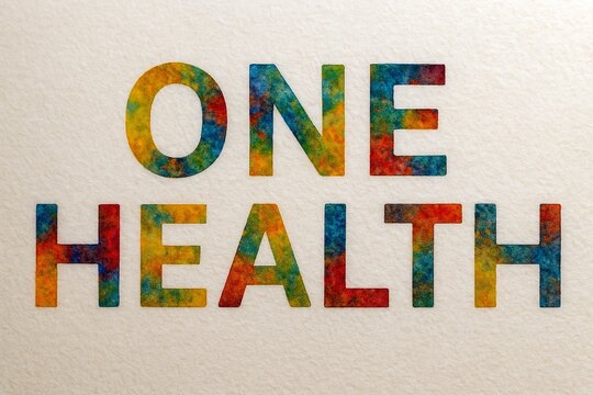 Naklejki The phrase one health is displayed in bold multicolored letters on a textured off white background
