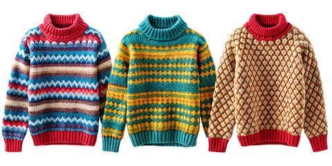 Three patterned knit sweaters with turtleneck collars on white background isolated on a transparent background