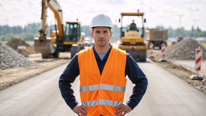 Construction worker in a hard hat and safety vest standing on a new road. Male engineer at a building site with heavy machinery in the background