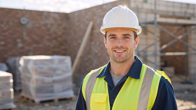 Portrait of a smiling construction worker on a building site. Confident young male builder wearing a hard hat and safety vest