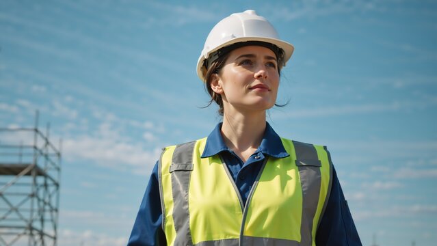 Confident female engineer wearing a hard hat and safety vest at a construction site. Professional woman worker looking up with a determined expression