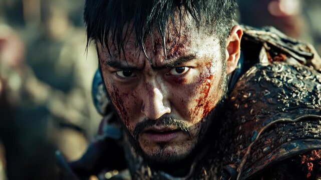 During daylight hours, a man's face, covered in blood, shows determination as he confronts the challenges of a large-scale Tatar-Mongol conflict. This is a dramatic video