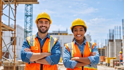 Happy diverse construction workers smiling at a building site. Professional man and woman engineer team in hard hats with arms crossed. Teamwork and industry concept