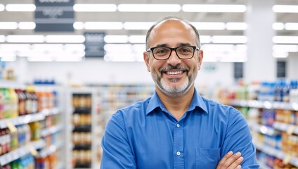 Confident middle-aged business owner smiling in a supermarket. Portrait of a happy male manager with arms crossed in a grocery store aisle