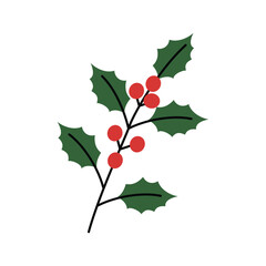 Festive Holly Sprig With Red Berries. Decorative Holly Sprig Design. Winter Evergreen Holly Sprig