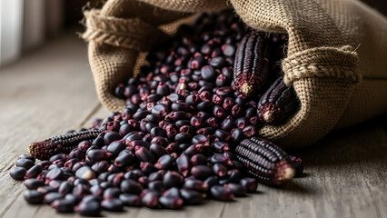 Jar Opened with Dark Purple Beans in Burlap Sack