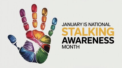 January is National Stalking Awareness Month Graphic with a Colorful, Abstract Handprint divided into Sections on a Clean White Background.