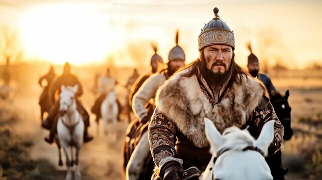 This is a tatar-mongol themed video. Warriors on horseback are traversing a wide open plain during sunrise, clad in armor and fur, heading towards conflict in the East