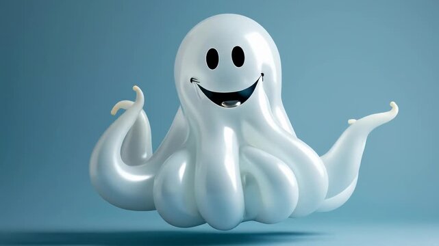 Cheerful friendly white apparition displaying a wide happy grin and dark round eyes, its smooth glossy body floating above a subtle shadow on a soft blue setting.