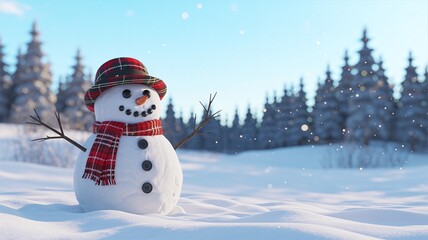 Fototapeta premium Cheerful Snowman Wearing Red Plaid Scarf and Beanie in a Snowy Forest Landscape on a Bright Winter Day with Falling Flakes