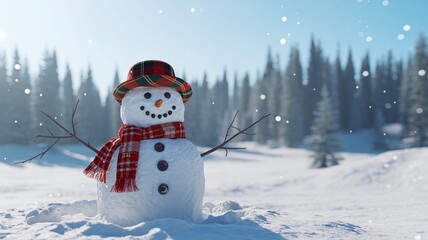 Obraz premium Cheerful Snowman Wearing Red Plaid Scarf and Beanie in a Snowy Forest Landscape on a Bright Winter Day with Falling Flakes