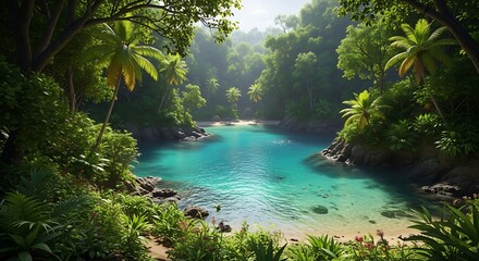 Lush Tropical Paradise Lagoon with Crystal Clear Turquoise Water and Dense Green Jungle Foliage.