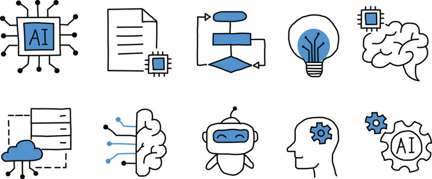 Hand Drawn AI Technology Icons With Blue Accents artificial intelligence