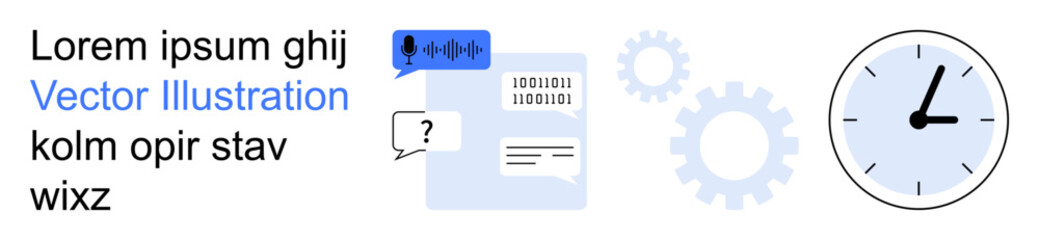 Productivity, communication, digital tools, automation, data exchange, time tracking. Clock, chat bubbles speech-to-text icons and gears arranged visually. Productivity and communication concept