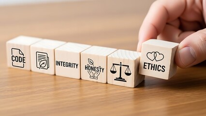 Hand arranging wooden blocks with ethics symbols.