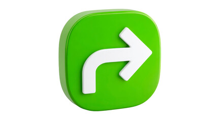 Curved right arrow icon, green rounded square button, 3D illustration, navigation symbol, modern interface element, direction sign, isolated on transparent background