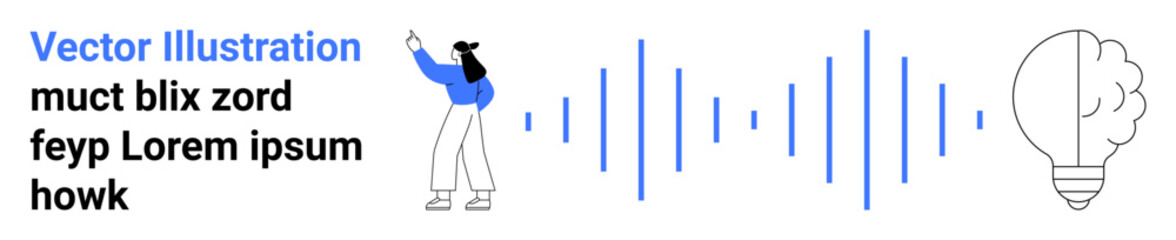 Woman pointing at abstract soundwaves transitioning into a light bulb symbolizing creativity and innovation. Ideal for technology, communication, sound, ideas, collaboration, brainstorming, simple