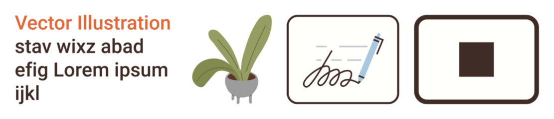 Home decor, creative design, minimalism, modern life, stationery, branding. A potted plant, a pen with squiggly lines and a square icon. Home decor and creative design concept © robu_s