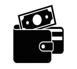 A simple black and white illustration depicts a wallet with cash protruding from its opening symbolizing finance