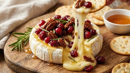 Delicious baked brie cheese wheel with cranberries, pecans, rosemary, and honey, being pulled with a cracker, perfect for festive appetizers.
