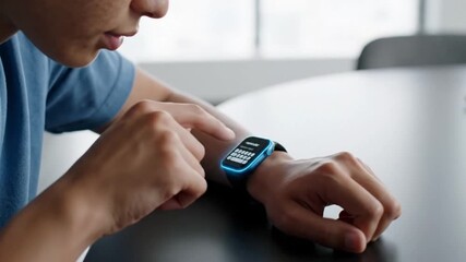 Person typing on smartwatch keyboard, interacting with wearable tech in office - Powered by Adobe