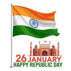 A beautiful illustration of the indian national flag waving above a historical monument, celebrating republic day on january 26th