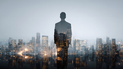 Businessman overlooking cityscape with 2026 digital overlay, future vision