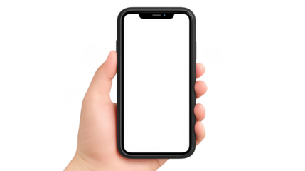 Hand holding modern smartphone with blank white screen, isolated on transparent background, technology concept, mockup for app or website design, realistic and clean, vertical orientation