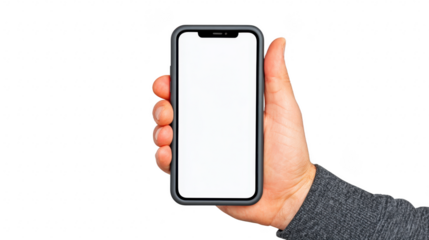 Hand holding smartphone with blank white screen, isolated transparent background, modern technology, digital device, communication, and copy space concept, suitable for app mockup or design