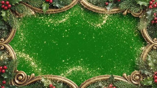 Christmas event video frame with a green screen background, adorned with gold accents, holly, and red berries.