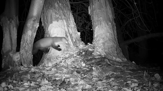 Wilder Steinmarder, Martes foina, streunt nachts im Biberrevier, Nachtaufnahme