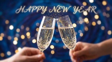 Happy New Year - Champagne Toast Celebration - Goblets With Gold Glitter On Blue Abstract Background With Defocused Bokeh Lights