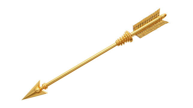 Golden arrow with detailed fletching and sharp triangular tip, isolated on transparent background, symbolizing success, achievement, and direction in modern, elegant style