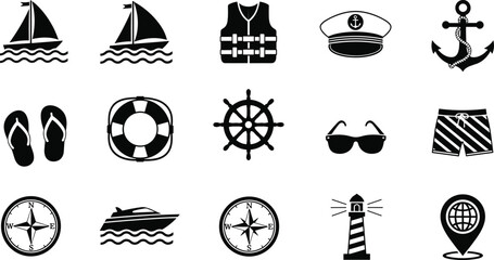 Marine and nautical icons set featuring boat, anchor, lighthouse, compass, sailing, summer vacation sea travel vector illustration collection
