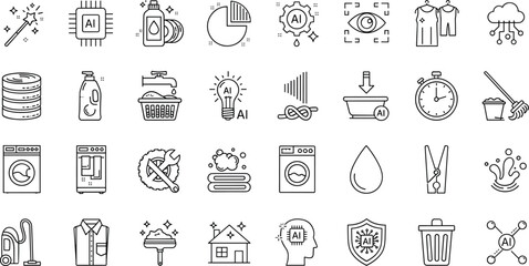 AI powered smart home and laundry icons set featuring artificial intelligence, automation, washing, cleaning, energy efficiency vector illustration