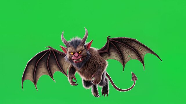 Flying demon with a furry body and large wings in the air. Seamless loop animation on a green screen background. Lockdown shot.