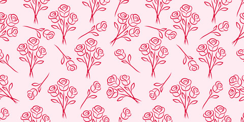 Seamless repeating rose pattern in hand-drawn sketch style. Romantic rose motif for textiles, wallpapers, wrapping paper, packaging, fabric prints, branding, surface design, and Valentine&rsquo;s day