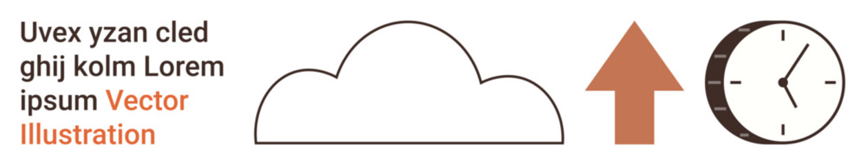 Data storage, time management, progress tracking, deadlines, productivity, growth. Minimalist icons with a cloud, upward arrow and clock. Data storage and time management concept
