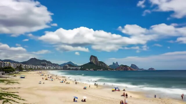 Beachgoers enjoy scenic vista of the ocean under a bright sky