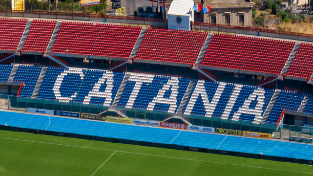 Aerial closeup of the Catania writing on the stands of the city's football stadium. This is the Angelo Massimino Stadium, formerly known as Cibali Stadium. Catania, Italy - December, 2025