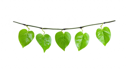 Green heart shaped leaves hanging on thin branch, isolated on transparency background, natural fresh foliage, botanical decoration, eco friendly, vibrant and organic design element