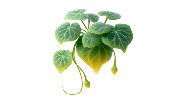 Heart shaped green leaf plant with yellow gradient tips, isolated on transparency background, features smooth texture, fresh appearance, and two flower buds, evoking calm and natural vibe