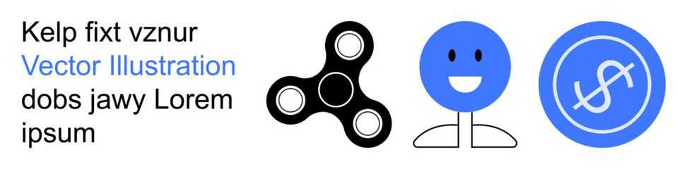 Entertainment, happiness, financial concepts, play, fun, relaxation. A spinner, a happy face and a dollar sign in a minimalist design. Entertainment and happiness through engaging visuals