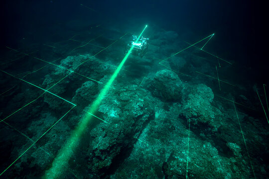 A section of seafloor with corals and uneven terrain illuminated by a laser grid used for mapping, a focused deep-ocean research scene dedicated to scientific seabed exploration