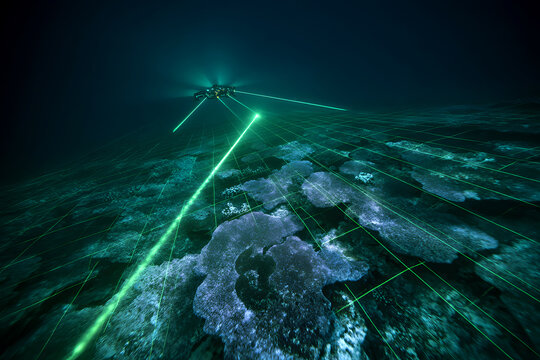 A section of seafloor with corals and uneven terrain illuminated by a laser grid used for mapping, a focused deep-ocean research scene dedicated to scientific seabed exploration