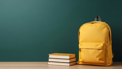 Bright yellow backpack standing next to a stack of three books on a wooden table, against a dark green chalkboard background with copy space.
