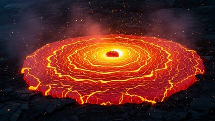 Vibrant lava crater emitting molten lava flows and sparks at night