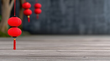 Red Chinese lanterns hanging outdoors creating festive Lunar New Year atmosphere, shallow depth of field with copy space ideal for seasonal celebrations and cultural campaigns.