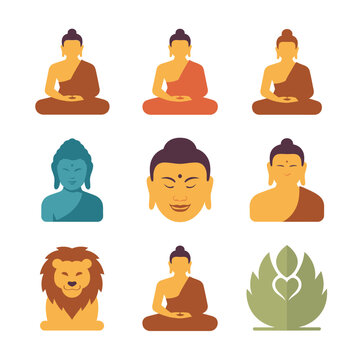 Buddha figure icon collection, meditation poses spiritual characters lotus symbols, enlightenment teaching concept, flat vector illustration